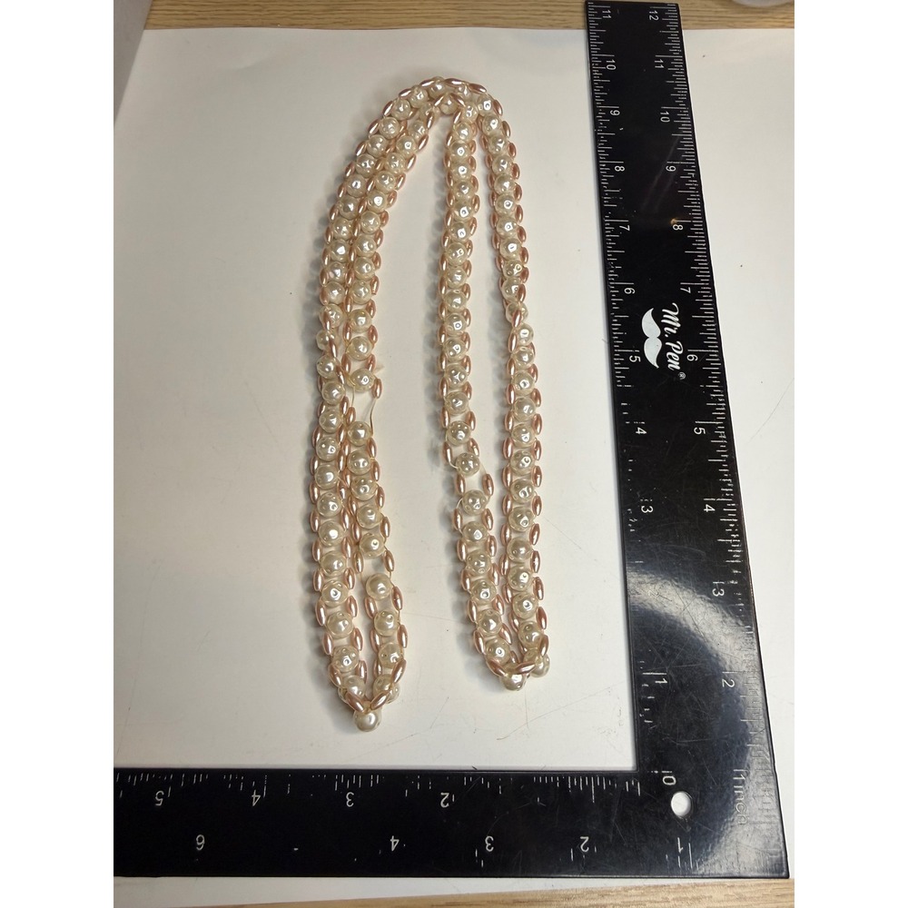 Vintage Double Strand Faux Pearl Necklace Pink White Dimpled Rice Bead 22 Inch